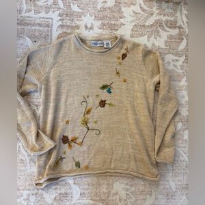 Vintage Cabin Creek Knit Sweater in Beige Leaf Detailing Size Large Tan